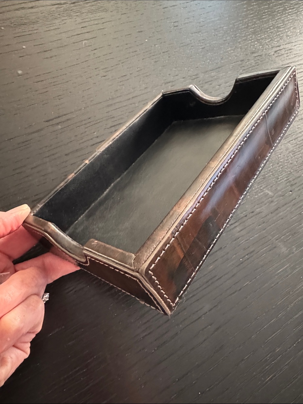 Graphic Image Brown Distressed Leather Key & Card Tray with Black Interior